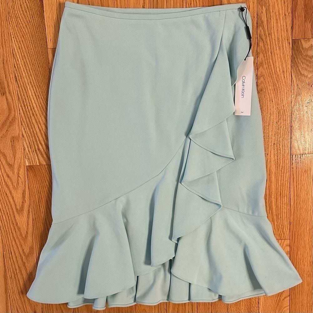 CALVIN KLEIN Tulip Hem Ruffle Skirt Knee Length Office Attire Formal Aqua Sz 6